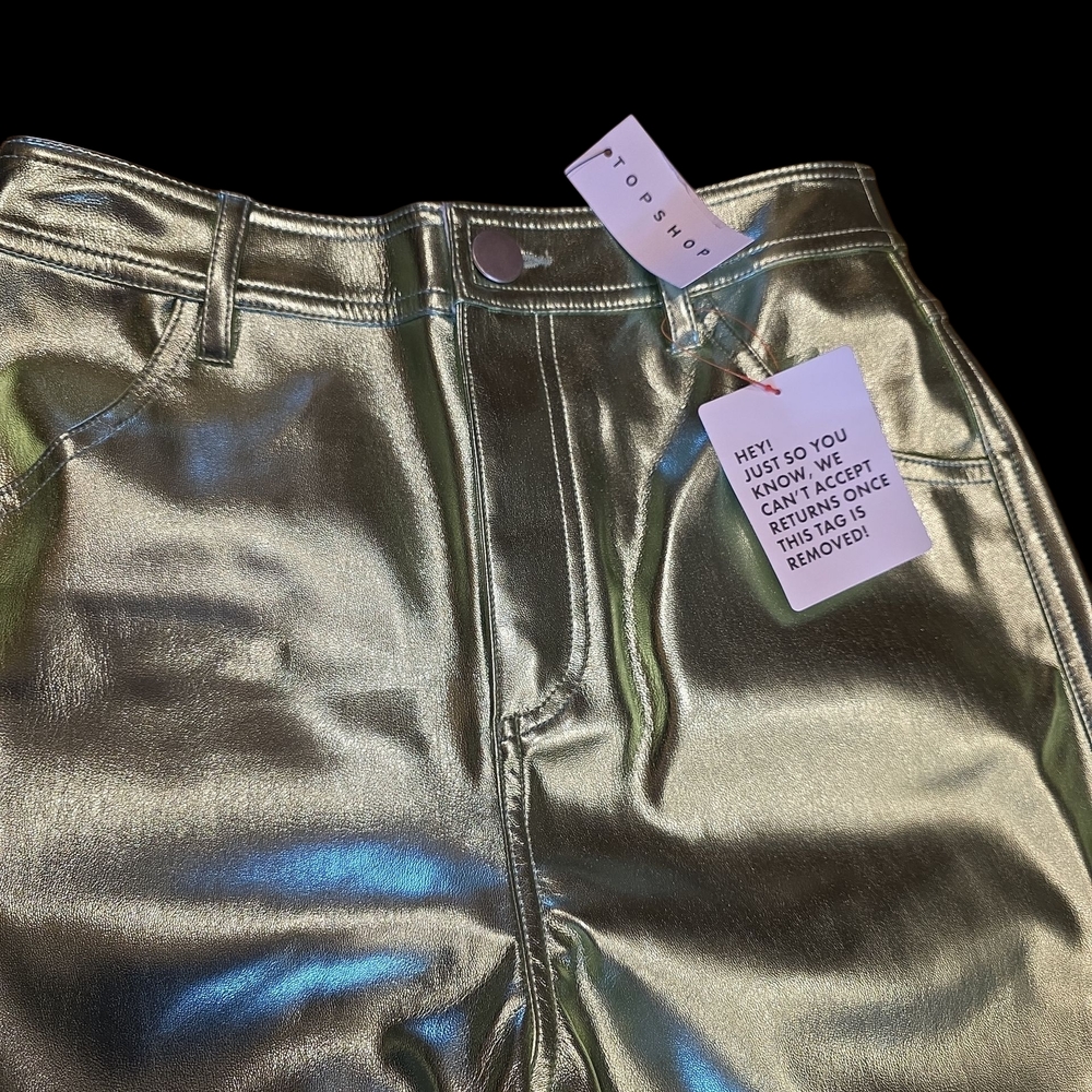 Topshop Metallic Lime Green Straight Leg High Waisted Pants NWT